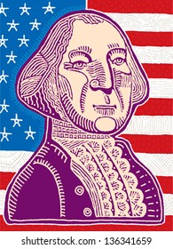 Vector illustration of George Washington with the flag of USA in the background