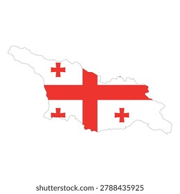 Vector illustration of Georgia in the shape of its national borders, filled with the Georgian flag colors. Clean flat design featuring white field with red crosses (St. George’s cross and four Bolnur-Katskhuri crosses). Minimal geographic silhouette suitable for education, travel, and infographic use. Isolated scalable composition for digital and print projects.