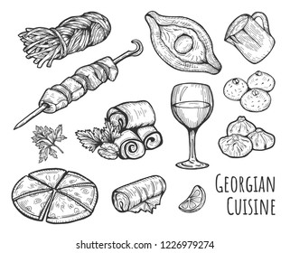 Vector illustration of a Georgian cuisine set. Khinkali, smoked Sulguni, khacha puri, Adjar khachapuri, barbecue shashlik, wine glass, Badrijani, Pkhali, Dolma. Hand drawn vintage style.