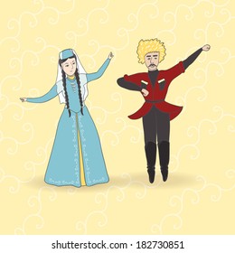 Vector illustration of a georgian dancing couple in the national costumes