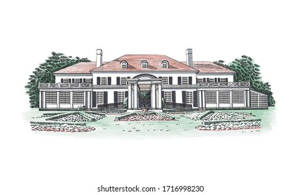 Vector illustration with Georgian style mansion, country estate. Historic Building with Hipped-roof Colonial Revival, with third-story dormers. In front of the house - beautiful formal gardens.