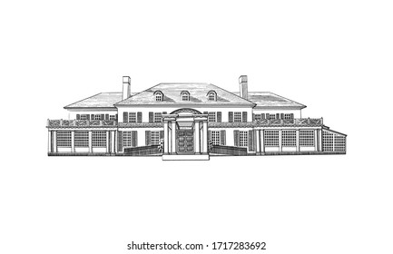 Vector illustration with Georgian style mansion, country estate. Historic Building with Hipped-roof Colonial Revival, with third-story dormers. Black and White wedding venue, architecture.