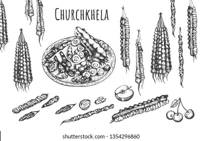 Vector illustration of georgian traditional treat set. Hanging and on plat, cut and whole candle-shaped churchkhela with candy, apples, cherries, walnut decoration. Vintage hand drawn style.