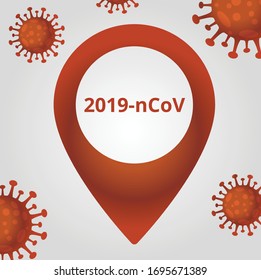 Vector illustration of geotag with  medical infection  Corona virus covid 19, 2019-ncov. Danger epidemic flu. Concept of influenza disease. Outbreak of fever,  pneumonia. Dangerous human  illness. 