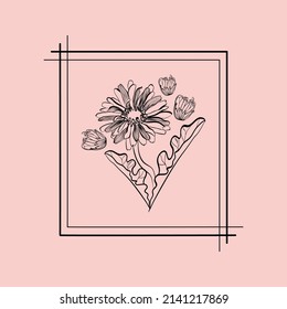 Vector illustration with gerbera flowers, buds and leaves in frame on a pink background in doodle technique 