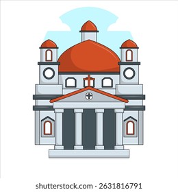 Ilustração vetorial de Gereja Blenduk, uma igreja colonial histórica holandesa em Semarang, na Indonésia, com cúpula vermelha e estilo arquitetônico clássico.