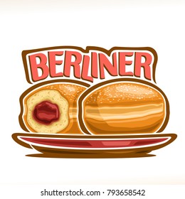 Vector Illustration Of German Berliner, Two Bavarian Doughnuts With Jam On Red Dish, Original Typeface For Word Berliner, Whole And Cut Half Donuts With Gelly Sprinkled Sugar, Traditional German Buns.