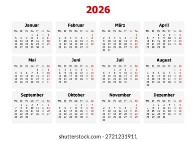 Vektorgrafik des deutschen Kalenders für das Jahr 2026. Montag als erster Wochentag