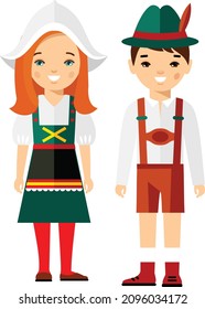  Vector illustration of german children, boy, girl, people.
Set of german woman and man dressed in national costumes.