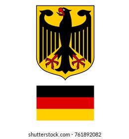 Vector illustration German coat of arms eagle and German flag isolated on white background. German symbol, sign