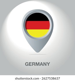 Vector illustration of the German flag inside the pin icon on the map. A symbolic location marker with the national colors of Germany on a white background.