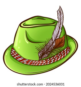 Vector illustration of a german hunting hat with feather and rope. Oktoberfest hat icon in cartoon hand drawn style. Element for beer festival