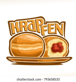 Vector Illustration Of German Krapfen, Two Bavarian Doughnuts With Jam On Yellow Dish, Original Typeface For Word Krapfen, Whole And Cut Half Donuts With Gelly Sprinkled Sugar, Traditional German Buns