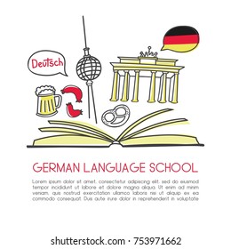 Vector illustration German language school. Open book and symbols of Germany: beer, the Brandenburg gate, the television tower, sausage, bagel. Hand drawn doodles isolated on white with place for text