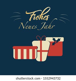 Vector illustration with German new year or Christmas greetings with wrapped gifts and presents with gold text for card