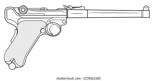 Vector illustration of the German P08 Luger automatic pistol in the artillery version with a long barrel on a white background