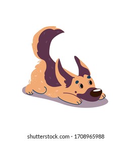 Vector illustration of a German shepherd. Cute puppy in a playful pose. Flat style, brown color dog. Isolated on white