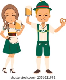 Vector Illustration of Germany Couple Wearing Traditional Costume in Oktoberfest Party. Cartoon character mascot. Man and woman in national folk clothing