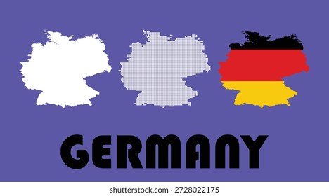 Vektorgrafik von Kartensymbolen für Deutschland in Vollformat, Raster- und Flaggenstilen auf blauem Hintergrund, ideal für Reise- und Geoprojekte.
