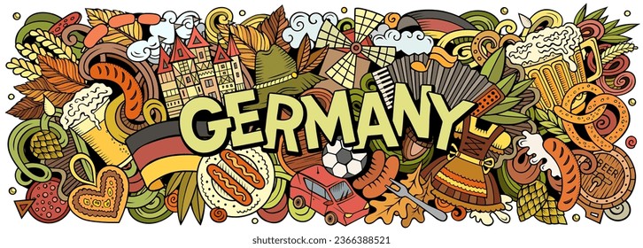 Vektorgrafik mit deutschen Themendoodles. Lebhaftes und auffallendes Bannerdesign, das die Essenz der deutschen Kultur und Traditionen durch spielerische Cartoon-Symbole erfasst