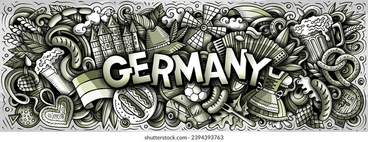 Vector illustration with Germany theme doodles. Monochrome banner design, capturing the essence of German culture and traditions through playful cartoon symbols