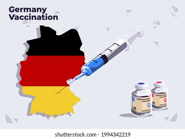 Vector illustration of Germany vaccination template medical syringe on the map of Germany with glass vials of COVID-19 vaccine, inject in Germany, flag of Germany