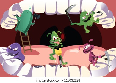 A vector illustration of germs attacking teeth causing cavity