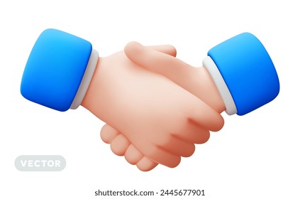 Vector illustration of gesture business man handshake in blue sleeve on white color background. 3d style design of man white skin hand shake agreement for web, banner, poster, print
