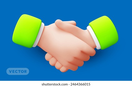 Vector illustration of gesture business man handshake in green sleeve on blue color background. 3d style design of man white skin hand shake agreement for web, banner, poster, print