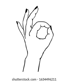 Vector illustration with gesture of female hand showing OK sign in minimal tattoo style isolated on white