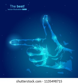 Vector illustration of gesture of hand. Abstract image of wireframe hand with forefinger. Futuristic concept. Blue background.