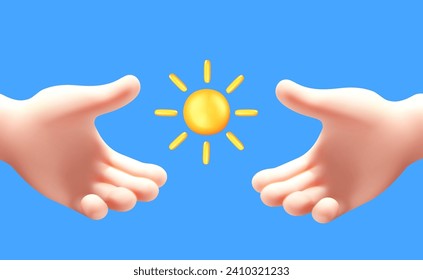 Vector illustration of gesture hand hold yellow sun on blue color background. 3d style design of man white skin hand give sun for weather web, banner, poster, print