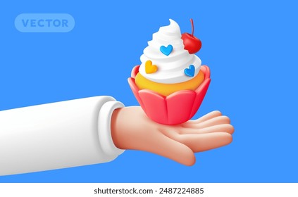 Vector illustration of gesture hand hold sweet cupcake on blue color background. 3d style design of man white skin hand in sleeve give present cake with cherry for web, banner, poster