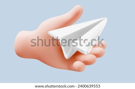 Vector illustration of gesture hand hold paper air plane on color background. 3d style design of man white skin hand and paper air plane for web, banner, poster, print