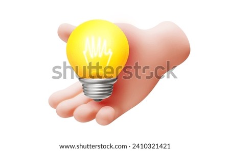 Vector illustration of gesture hand hold yellow light bulb on white color background. 3d style design of man white skin hand give light bulb for ecology web, save energy banner, creative idea poster