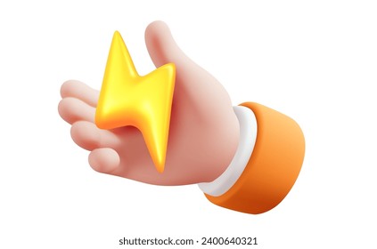Vector illustration of gesture hand in sleeve hold lightning on white color background. 3d style design of man white skin hand and lightning for web, banner, poster, print