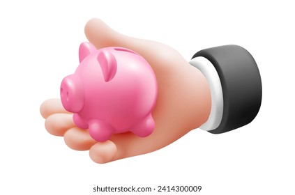Vector illustration of gesture hand in sleeve hold piggy bank on white color background. 3d style design of man white skin hand and piggy bank for web, banner, poster, print