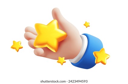 Vector illustration of gesture hand in sleeve hold golden star on white color background. 3d style design of man white skin hand and shine star for web, banner, poster, print