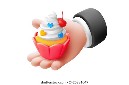 Vector illustration of gesture hand in sleeve hold sweet cupcake on white color background. 3d style design of man white skin hand give present cake for web, sale banner, poster, print