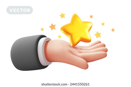 Vector illustration of gesture hand in sleeve hold shine star on white color background. 3d style design of man white skin hand and golden star for web, banner, poster, print