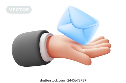 Vector illustration of gesture hand in sleeve hold paper envelope on white color background. 3d style design of man white skin hand and letter on palm for web, banner, poster, print