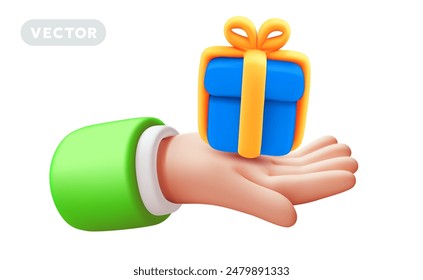Vector illustration of gesture hand in sleeve hold blue color gift box with yellow ribbon on white color background. 3d style design of man white skin hand give present for web, sale banner, poster