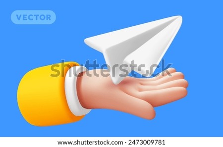 Vector illustration of gesture hand in sleeve hold paper air plane on blue color background. 3d style design of man white skin hand and paper air plane for web, banner, poster, print