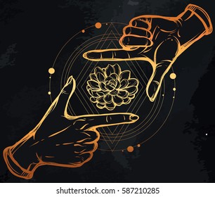 Vector illustration. gesture, succulent, sacred geometry. Handmade, prints on T-shirts, tattoos, background chalkboard, gold color
