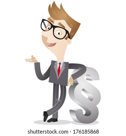 Vector illustration of a gesturing cartoon businessman leaning against a huge paragraph sign (JPEG version also available in my gallery). 