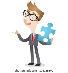 Vector illustration of a gesturing cartoon businessman holding a blue jigsaw piece (JPEG version also available in my gallery). 