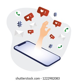 Vector illustration of get out of screen hand is trying to capture the likes, message and сalls. Smartphone addiction concept.