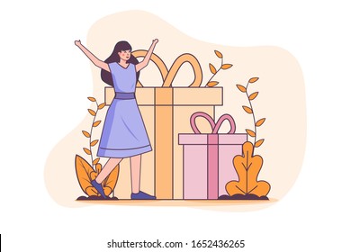vector illustration get reward prize if you reffer or referral online friend. people win a prize. happy people receive a gift box. application apps digital referral program can use for landing page we