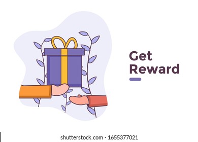 vector illustration get rewards from referral program marketing with gift box prize bonus. people give special presents for friend. background banner website blog ui landing page homepage social media