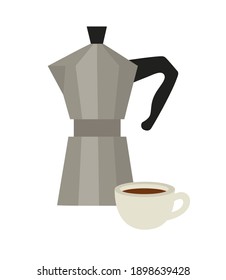 Vector illustration of geyser coffee maker and a cup of coffee isolated on white background. Hand-drawn coffee set isolated on white. Trendy illustration for web and print design.